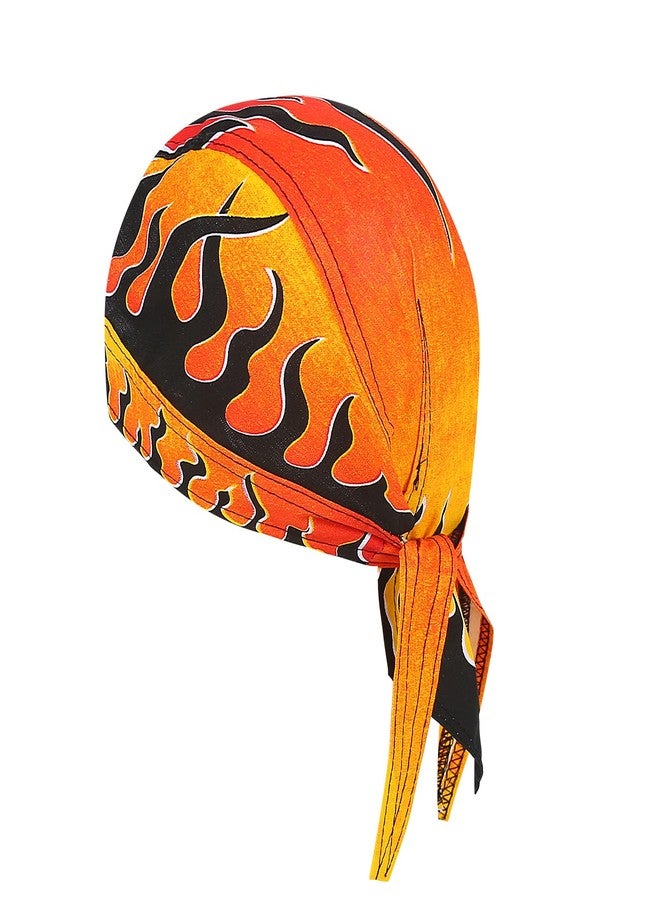 DANLCUPL DOO Rags Dew Rag Skull Cap Pirate Hat Cycling Bandana Motorcycle Biker Cooling Head Wrap Beanie Helmet Liner Fire Flames Orange Yellow - Image 1
